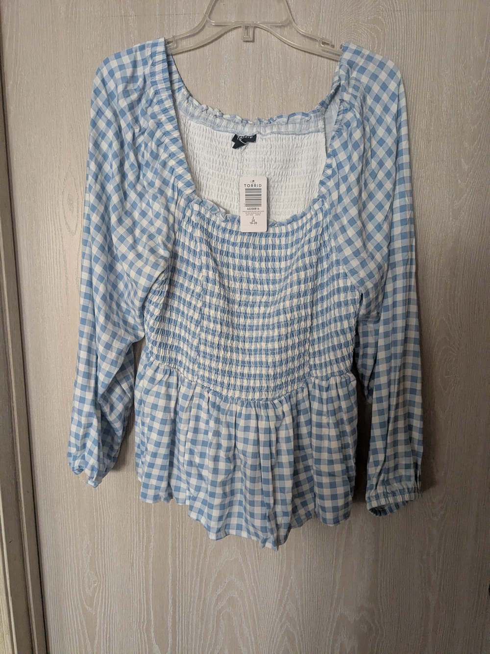 torrid Light Blue Gingham Smocked Peplum Blouse